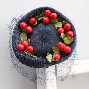 Vintage Red Cherry Navy Blue Vintage Fascinator Formal Woman's Hat